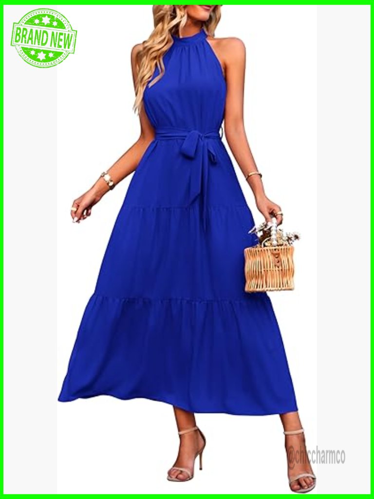 Sleeveless Halter Maxi Dress With Belt Ruffle Hem Bohemian Flowy Summer